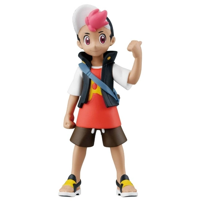  Pokemon figure of a boy with a cap, vest, shorts, and sandals, raising his fist.