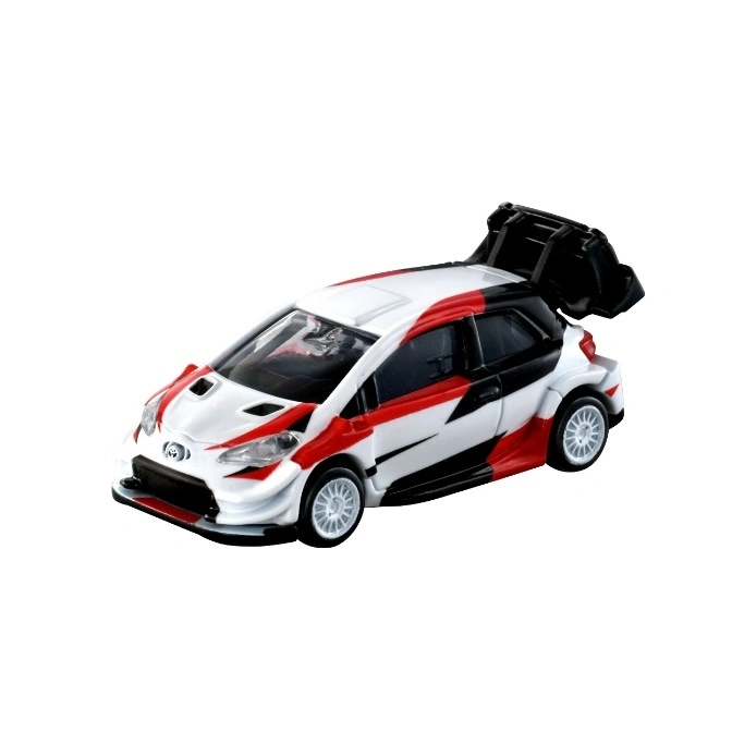 Toy GR Yaris with red and black racing stripes and a large rear spoiler.