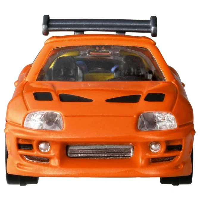  Orange toy car with spoiler. Front view.