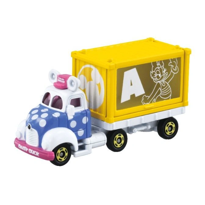 Daisy Duck toy truck with polka dots and a yellow container featuring the letter A and a cartoon character.