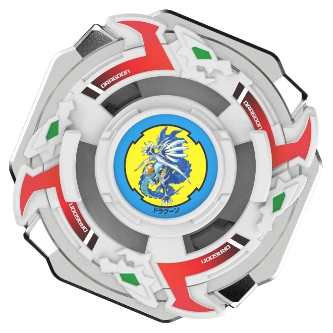  Dragoon Beyblade with dragon emblem, red accents, and green details.