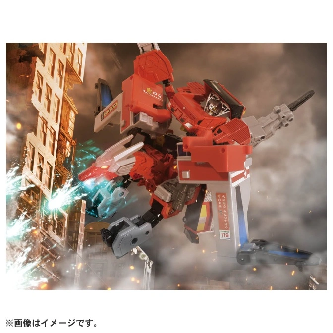  Red fire truck robot toy shooting water in a city.