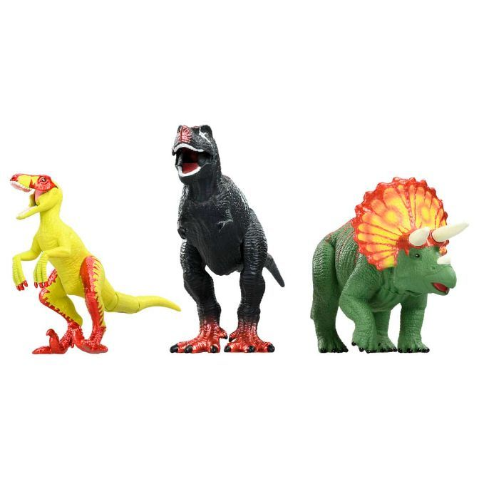 Three dinosaur toys: a yellow raptor, a black T-Rex, and a green Triceratops.