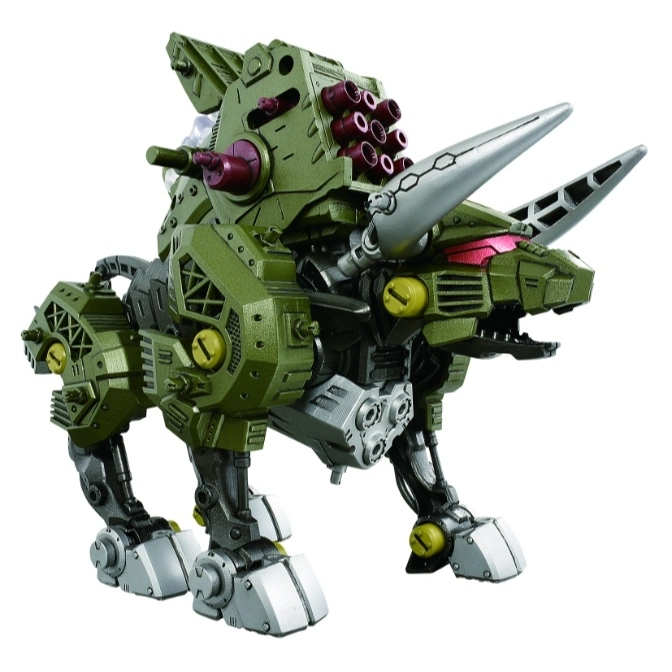  Olive green Zoids toy with silver horns and missile pods, standing on four legs.