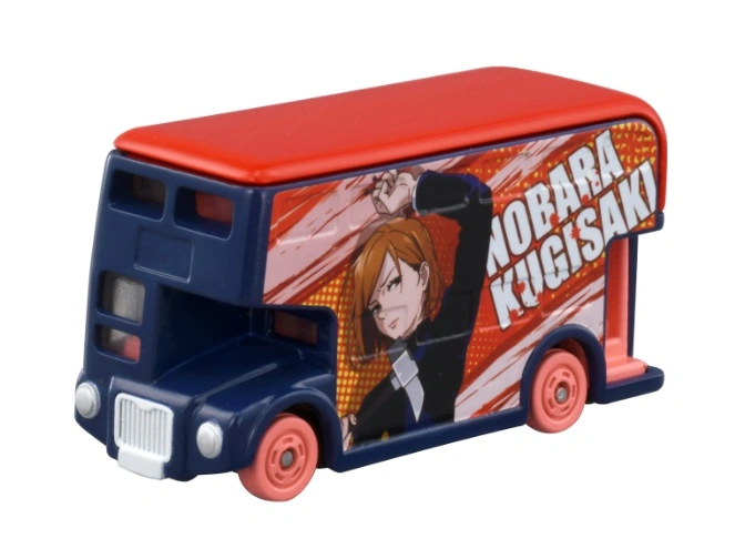 Nobara Kugisaki anime character themed double-decker toy bus with red roof and pink wheels.