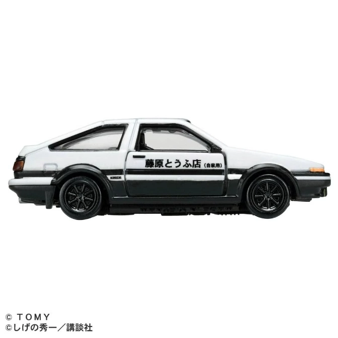  White AE86 Toyota Trueno toy car with black stripe and Japanese text.