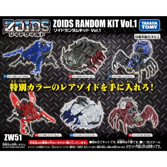 Zoids Random Kit Vol.1 box featuring six Zoids models: beetle and spider types in various colors.