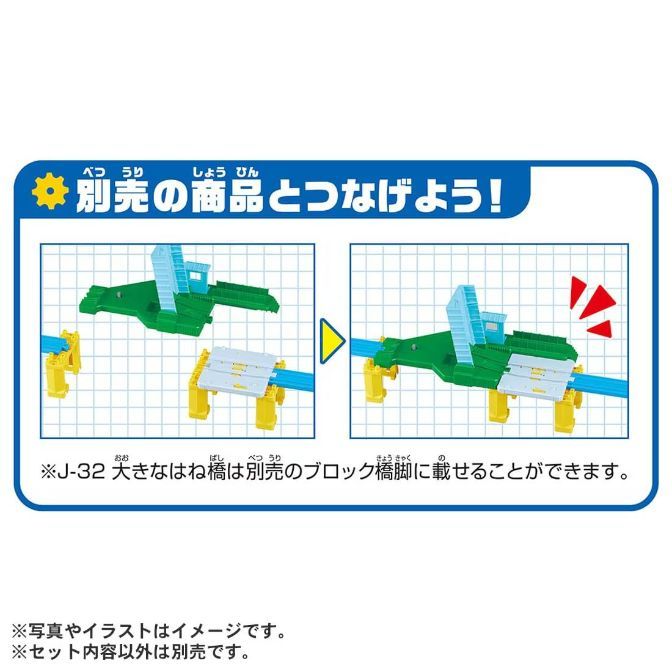  The image shows a toy train set with a bridge. The bridge is green and blue, and it is supported by yellow pillars. The image also shows a diagram of how to connect the bridge to other parts of the train set.