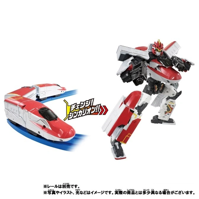  Red and white transforming toy train into robot. Shinkalion toy.