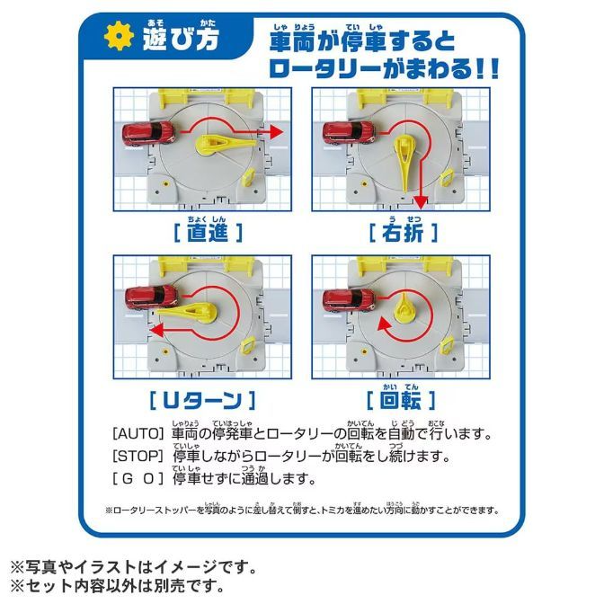  The image shows instructions for a toy rotary. It shows four different configurations of the rotary, with a red car approaching from different directions. The first configuration shows the car going straight through the rotary. The second configuration shows the car turning right. The third configuration shows the car making a U-turn. The fourth configuration shows the car rotating around the rotary.