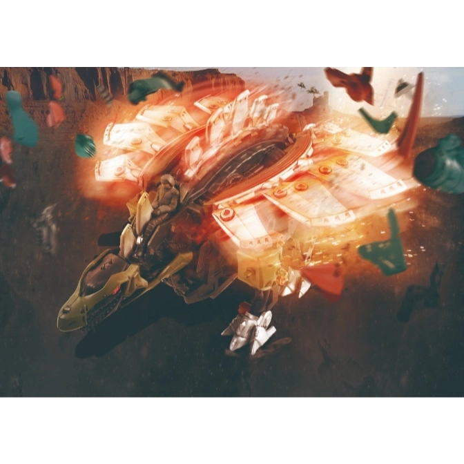  Dragon-shaped toy vehicle with a pilot, surrounded by colorful shapes and a fiery glow.