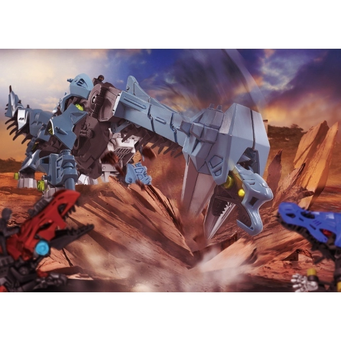 Blue dinosaur toy stomping ground, red and blue dinosaurs nearby. Action figure with detailed mechanical design.