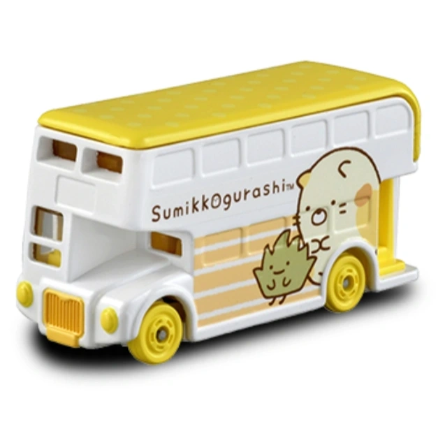 Sumikkogurashi double-decker toy bus with yellow roof and wheels, featuring character graphics.