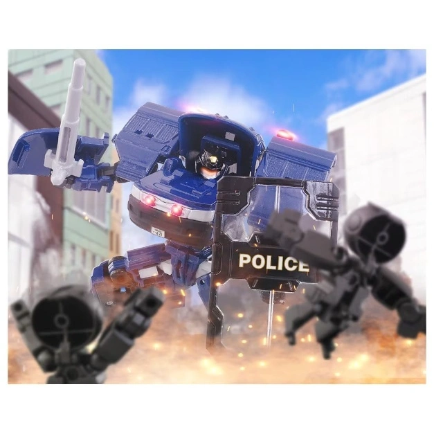  Blue police robot toy with shield and sword jumping in action scene.