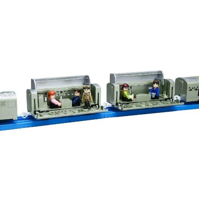  Toy train cars with miniature figures riding inside on a blue track.
