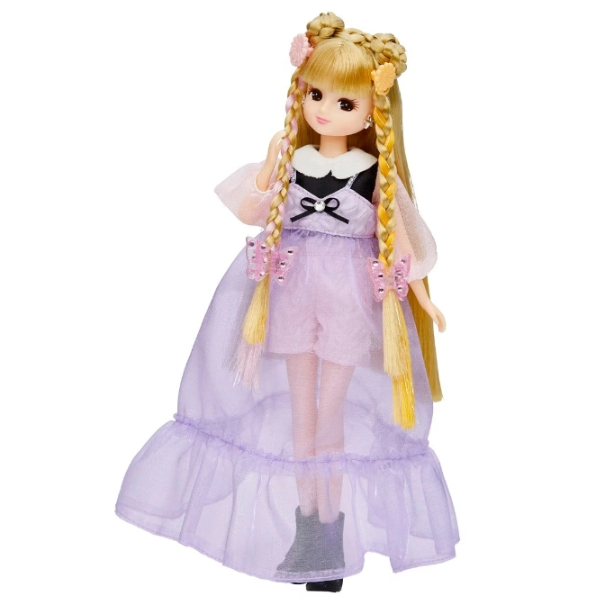  Doll with blonde braided hair, wearing a purple dress and boots.