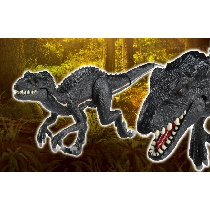  Black Indoraptor toy with red eyes and white teeth, posed against a jungle backdrop.