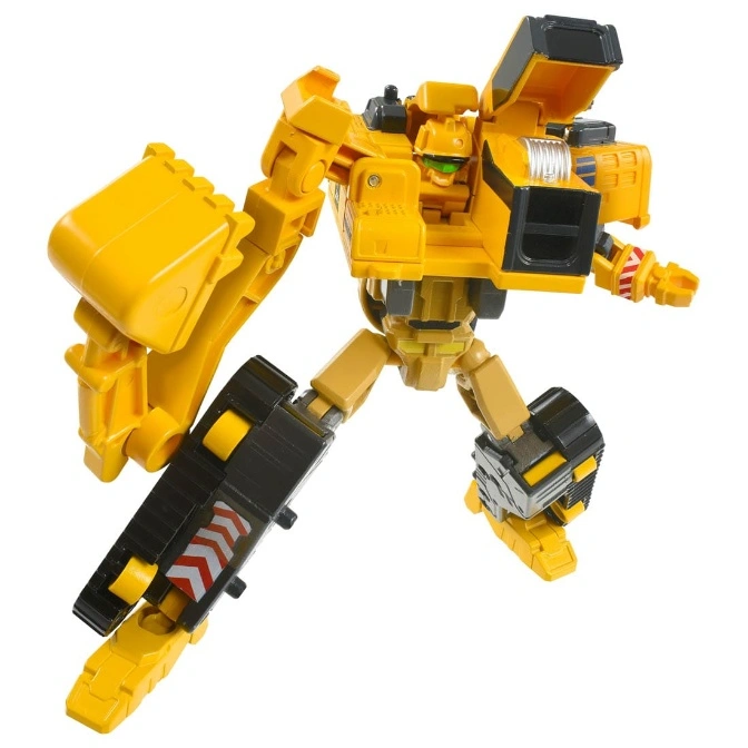 Yellow construction vehicle robot toy with excavator arm and tread legs in a dynamic pose.