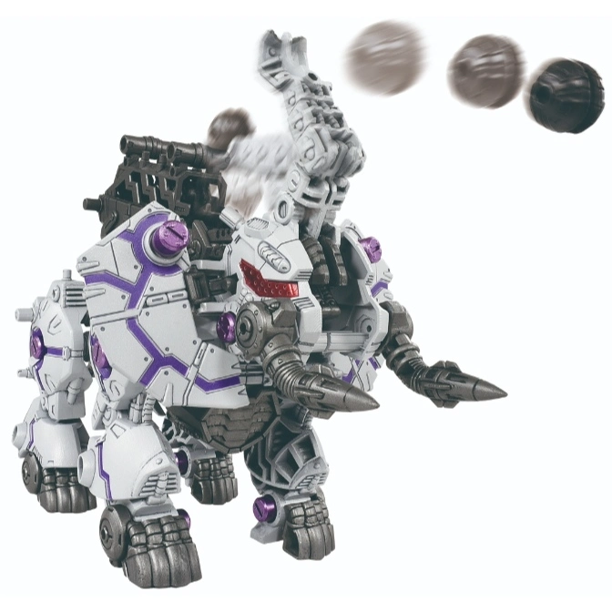  White robotic mammoth toy with purple accents, launching gray spheres from its back.