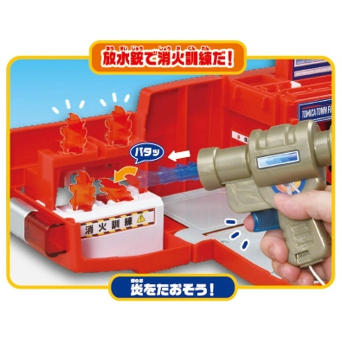  Toy fire station with a water gun aimed at flame targets for fire extinguishing practice.