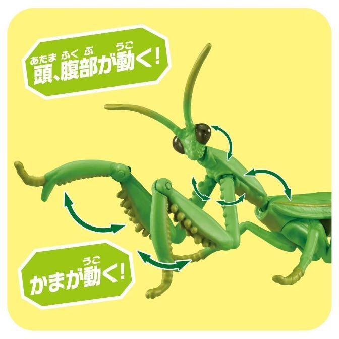  Green praying mantis toy with moving head, abdomen, and forelimbs.