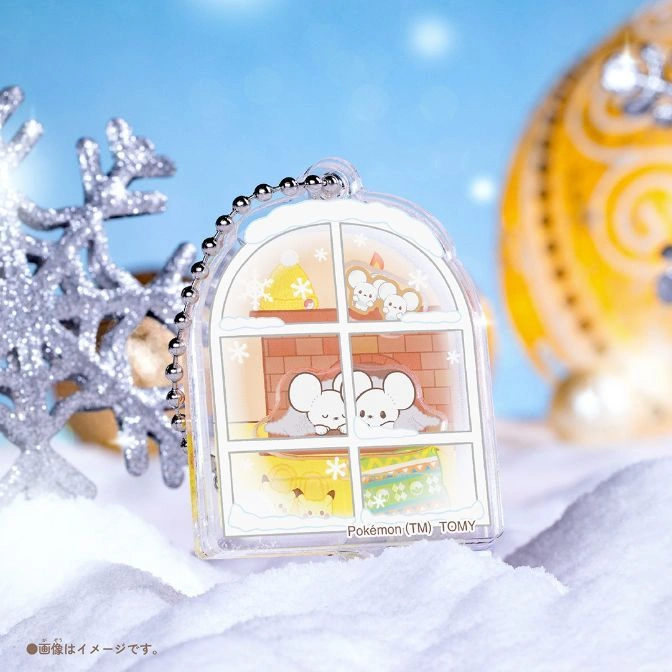  Pokemon window keychain with Pikachu and mouse characters in a winter scene.