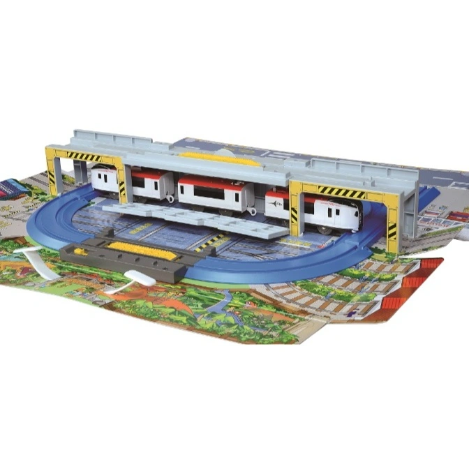  Toy train set with a round track, station, and three white and red train cars.