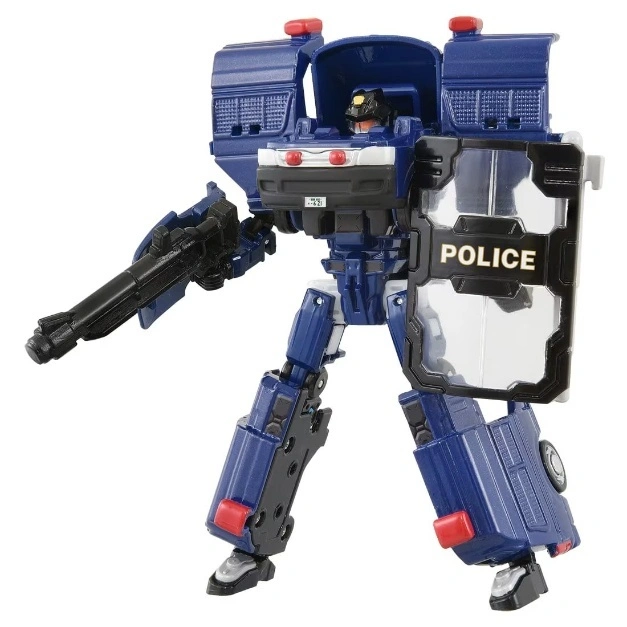  Blue police car transformer toy with shield and gun.