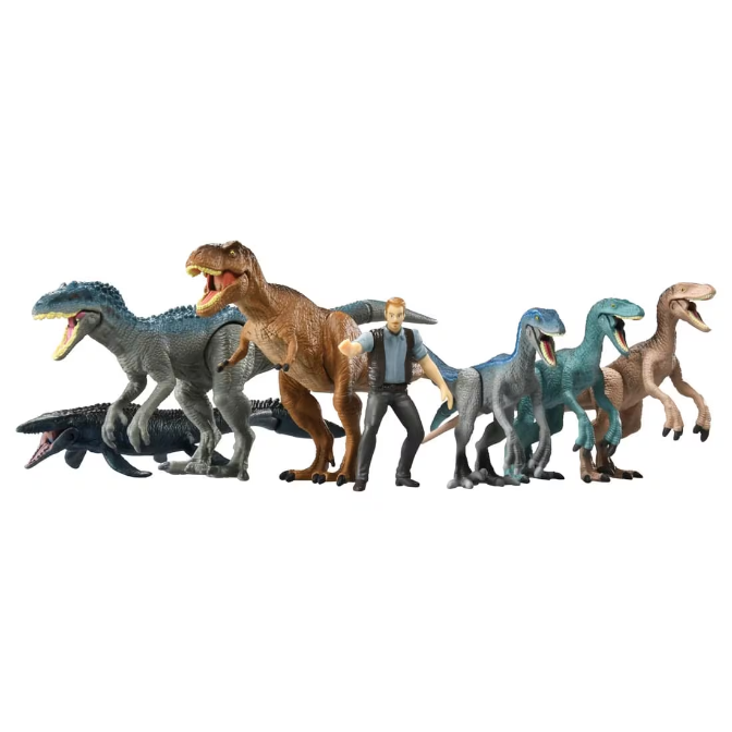  Jurassic World toy set with dinosaurs and a human figure, including a T-Rex and velociraptors.