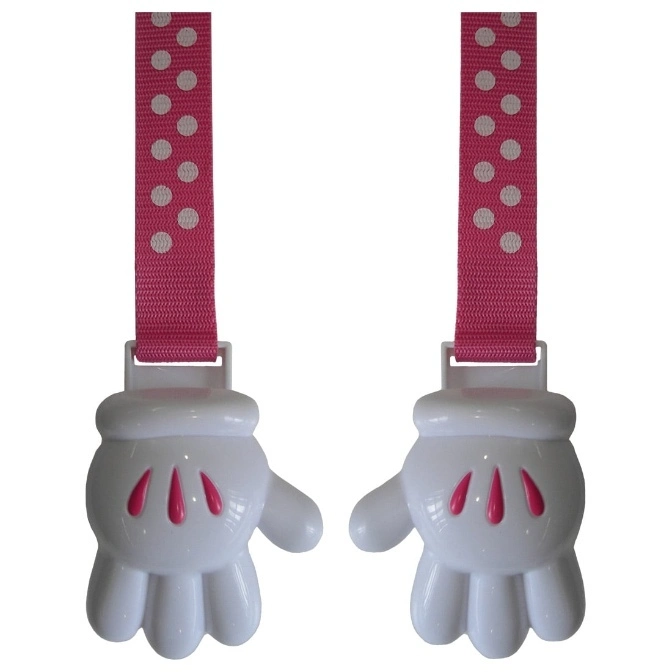 Mickey Mouse glove pacifier clips with pink polka dot straps.