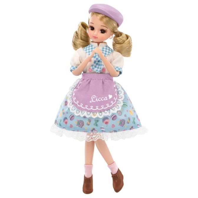  Licca doll in a baker's outfit with a lavender beret, apron, and dessert-themed dress.