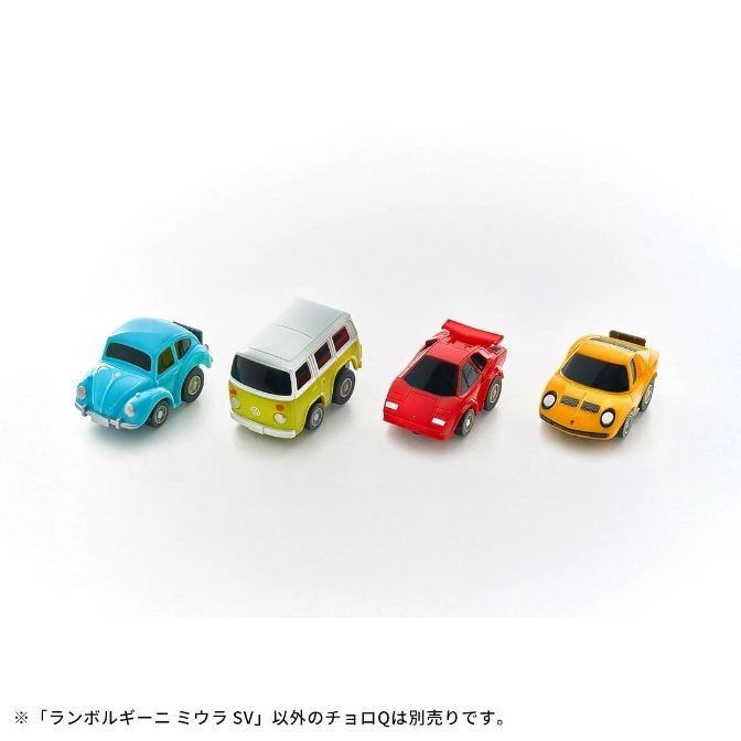  Four toy cars: a blue Beetle, a VW bus, a red Countach, and a yellow Miura.
