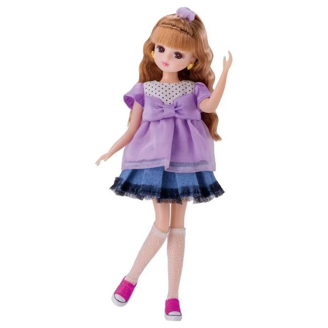  Doll with brown hair, purple dress, denim skirt, white socks, and pink shoes.