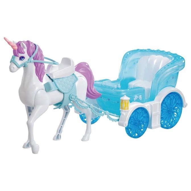 Toy unicorn pulling a blue carriage with white seats and blue wheels.