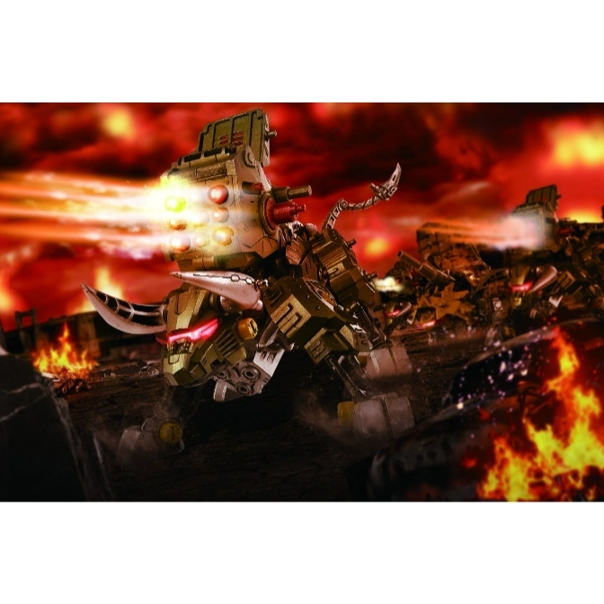  Zoids Iron Kong fires weapons in a fiery landscape.