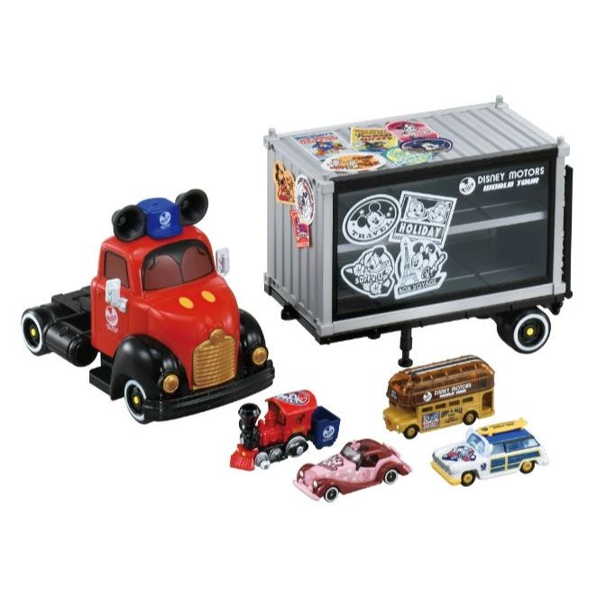  Disney Motors toy set: truck, trailer, train, bus, and cars.