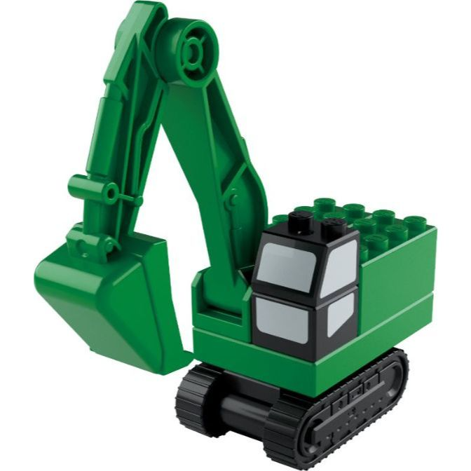  Green toy excavator with a bucket and black treads.