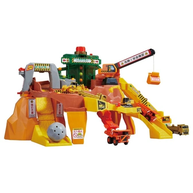  Toy construction site with crane, trucks, and rock-fall feature, promoting imaginative play.