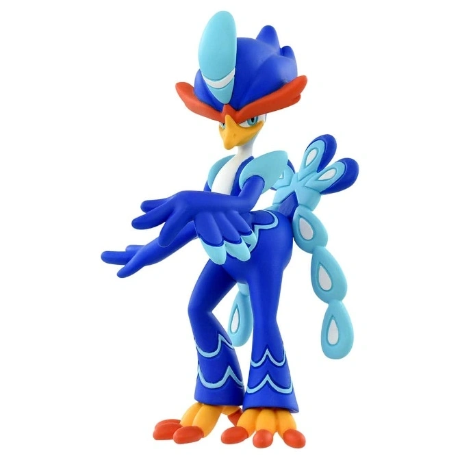 Blue and orange Pokémon toy figure with feather-like details and outstretched hand.