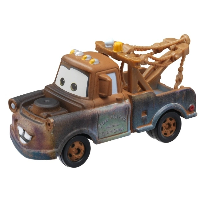 Tow Mater toy car with tow hook, rusty brown paint, and buck teeth.