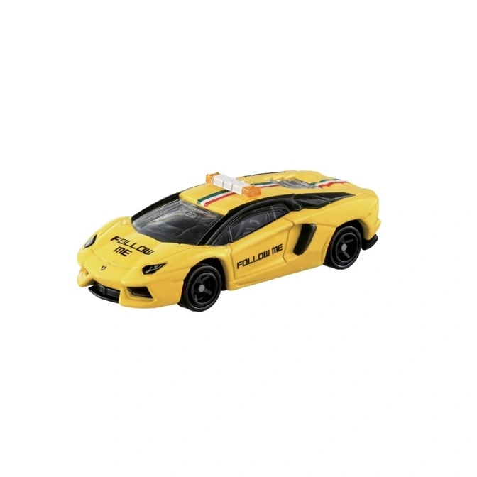 Yellow toy Lamborghini with "FOLLOW ME" text and roof lights.