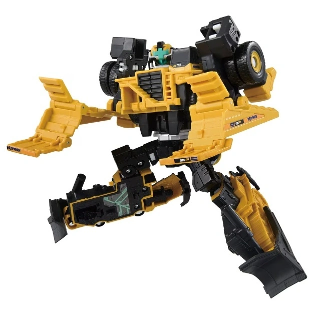  Yellow and black Komatsu bulldozer transformer toy in robot mode, with visible wheels and construction vehicle parts.