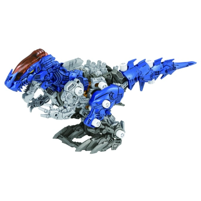 Blue and gray dinosaur robot toy with cockpit.