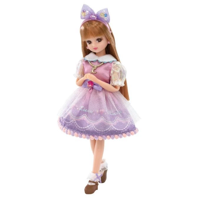  Licca-chan doll with a purple dress, bow headband, and brown shoes.
