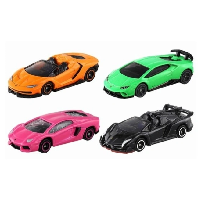 Four toy Lamborghini cars: orange, green, pink, and black.