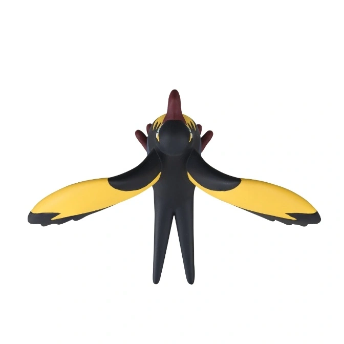  Black and yellow bird toy with outstretched wings and a red crest.