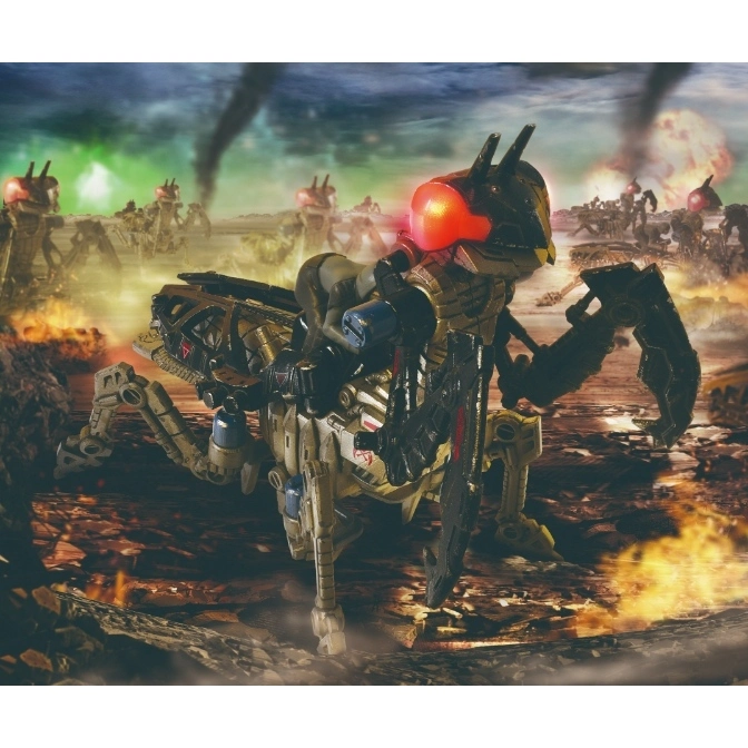  Spider-like robot toy with glowing red eyes, set in a war-torn landscape with other robots and explosions.
