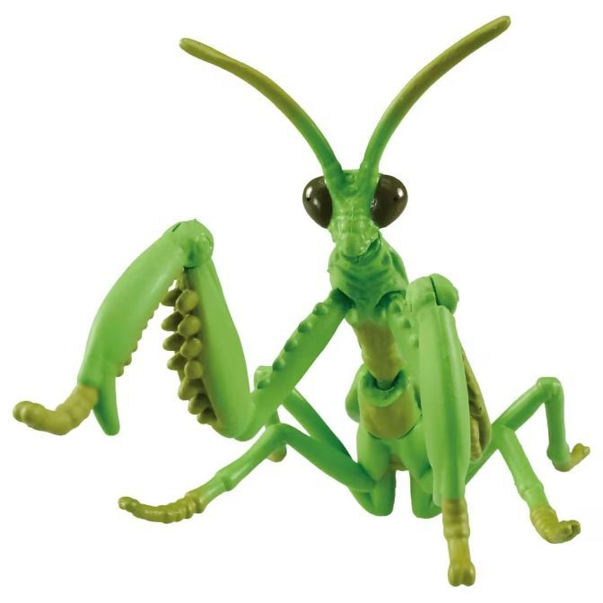  Green toy praying mantis with large eyes and detailed limbs.