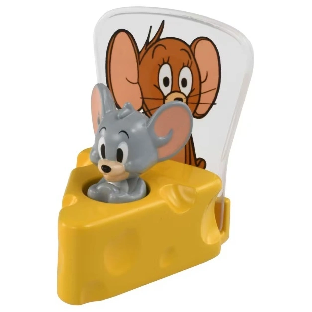 Tom and Jerry toy featuring Jerry in a cheese wedge with Tom's image behind.