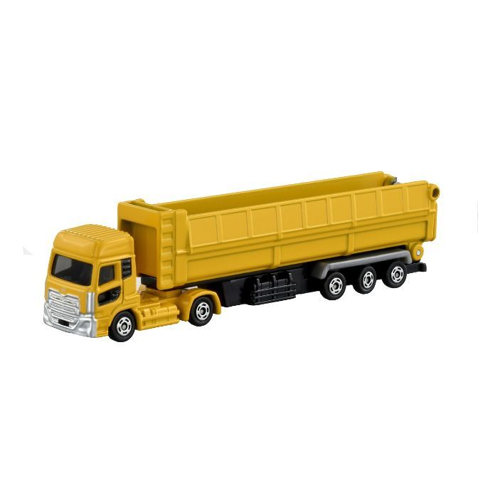 Yellow toy dump truck with silver grill and black chassis.